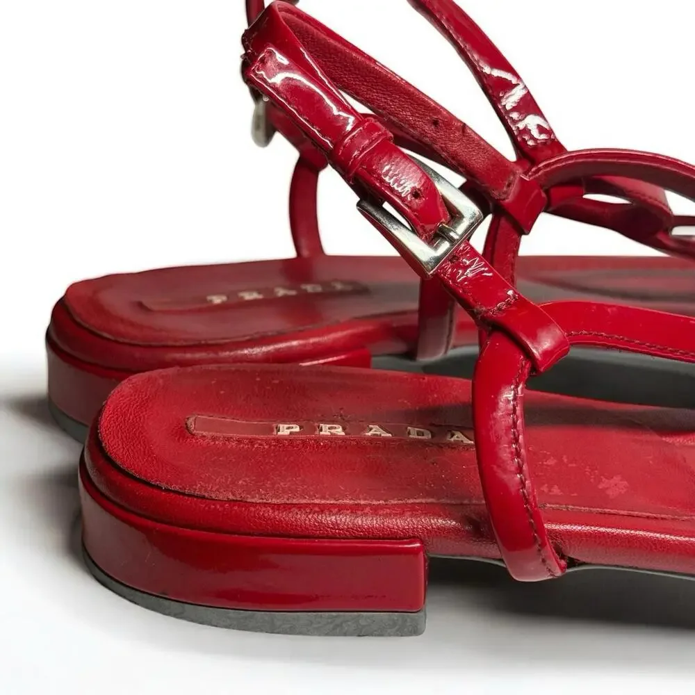 Prada Women’s Flat Sandals Red Slingback Patent Leather Sz 36 US 6 Made In Italy - Picture 6 of 9